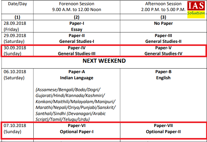 UPSC 2018 Mains Timetable