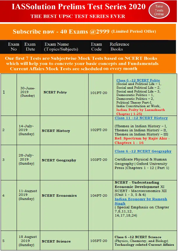 UPSC Online Test Series 2020 Timetable