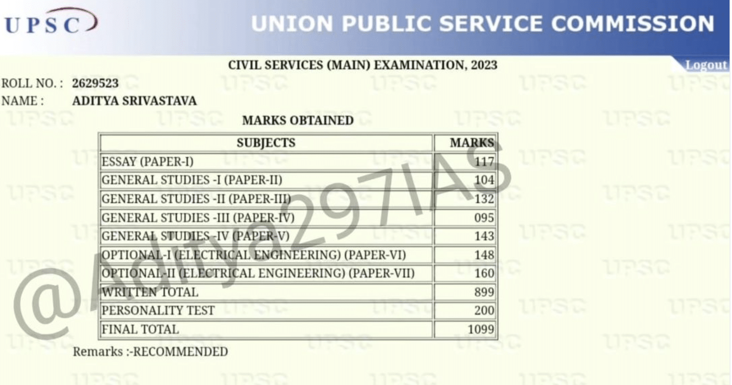 Aditya Srivastava Rank 1 of UPSC Civil Services Exam 2023